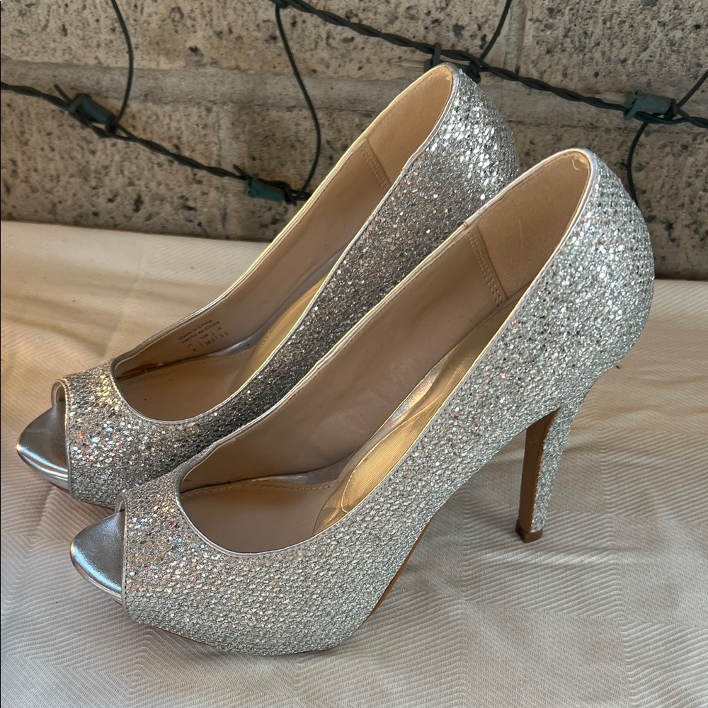 Aldo Glittering Silver Peep-Toe Heels